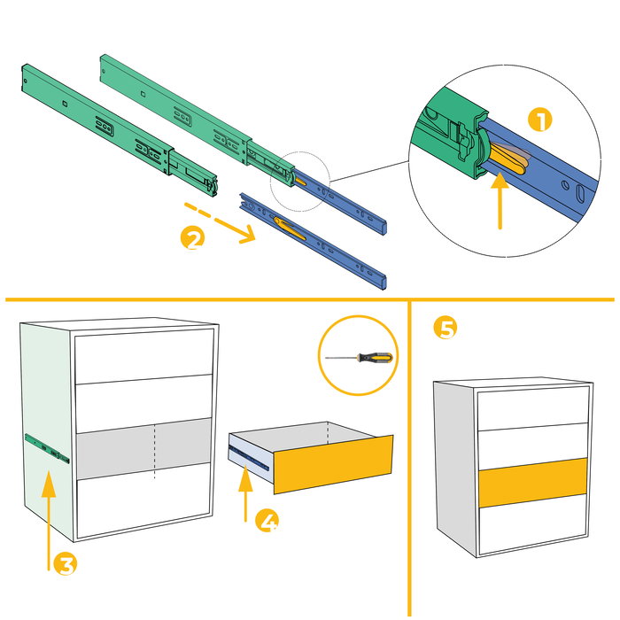 Emuca Lot de 5 jeux de Coulisses pour tiroirs, roulement à billes, hauteur 45mm, profondeur 350mm, sortie totale, fermeture amortie, Noir