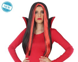 Geisha Perruque Longue Femme Vampire Rouge 60 cm Avec Mèches Noires - Perruque Cheveux Longs pour Halloween, Soirée Gothique et Fête