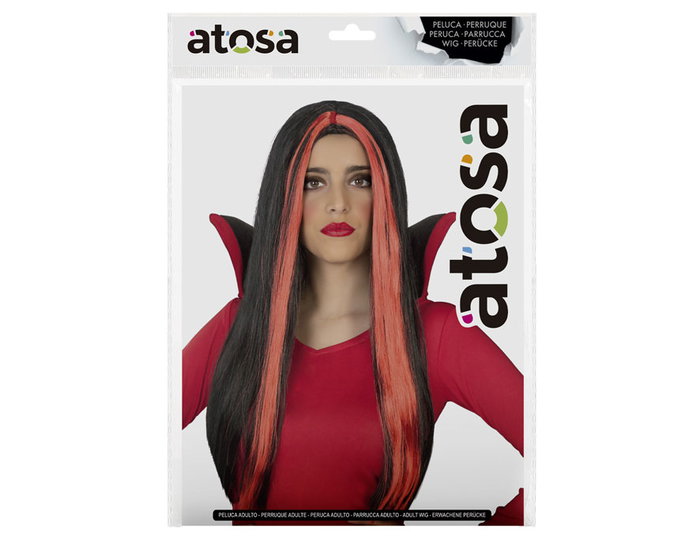Geisha Perruque Longue Femme Vampire Rouge 60 cm Avec Mèches Noires - Perruque Cheveux Longs pour Halloween, Soirée Gothique et Fête