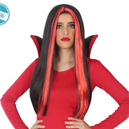 Geisha Perruque Longue Femme Vampire Rouge 60 cm Avec Mèches Noires - Perruque Cheveux Longs pour Halloween, Soirée Gothique et Fête