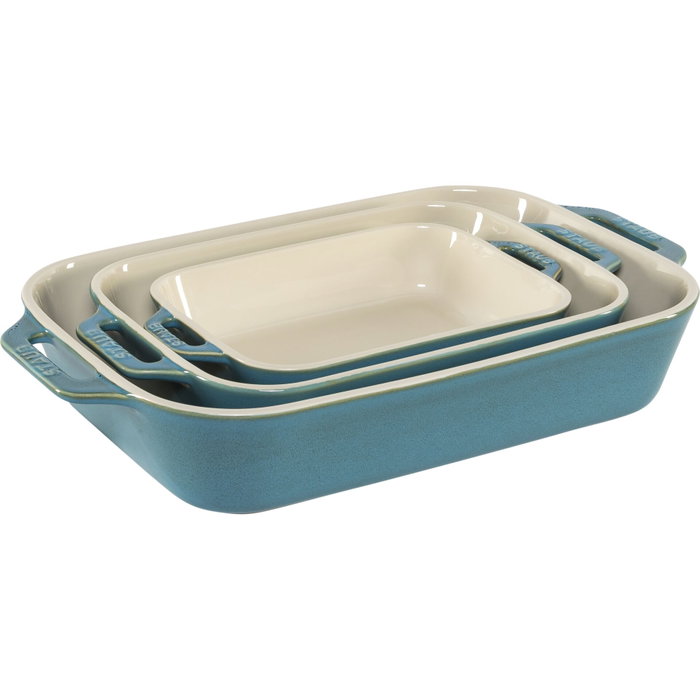 Staub Set de 3 plats à four rectangulaires en céramique, Turquoise