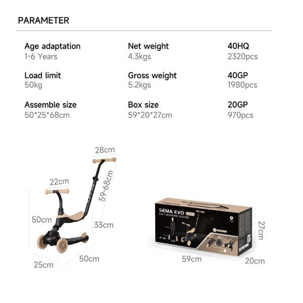 Ociotrends Patinete Qplay/Sema Evo - Trottinette 6 en 1 avec lumières, 3 roues, âge minimum 1 an, couleur beige