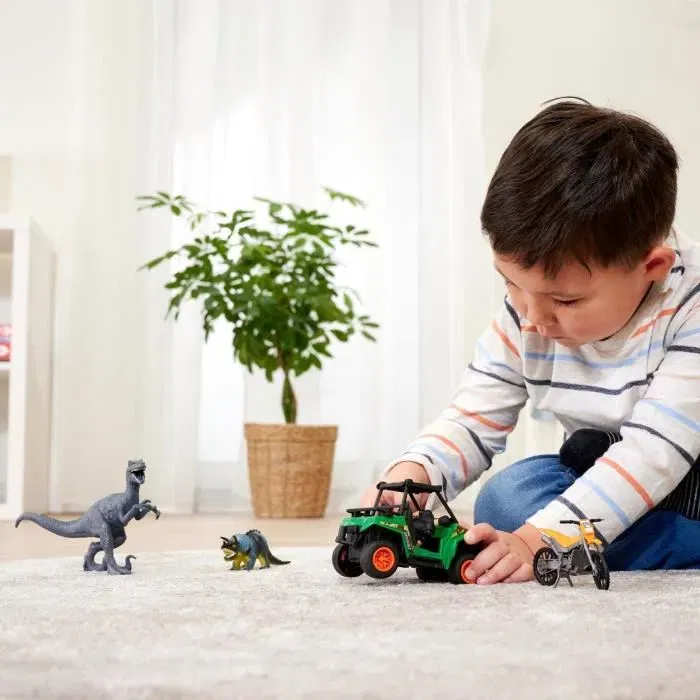Dickie Toys Coffret Chasseur de Dinosaures - Véhicule Buggy à Friction, Moto Cross, Figurine Articulée et 2 Dinosaures - Figurines et Véhicules Jouets pour Enfants à partir de 3 Ans