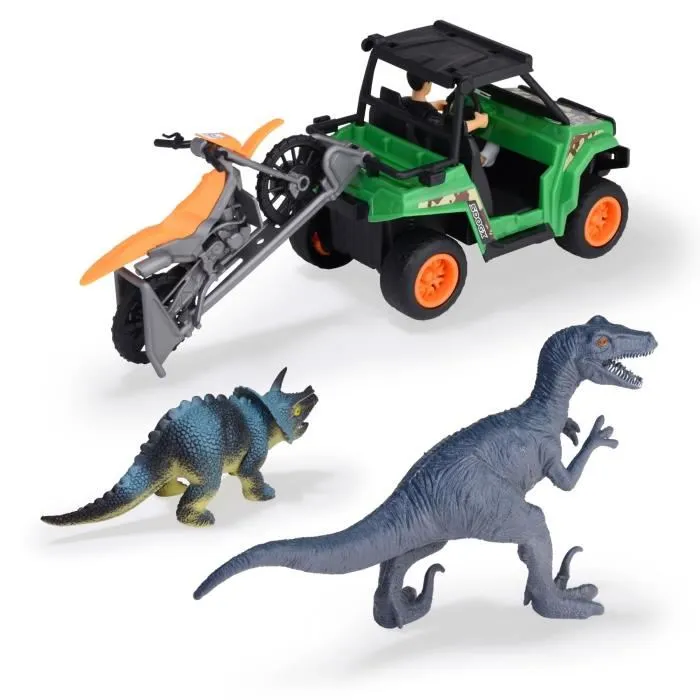 Dickie Toys Coffret Chasseur de Dinosaures - Véhicule Buggy à Friction, Moto Cross, Figurine Articulée et 2 Dinosaures - Figurines et Véhicules Jouets pour Enfants à partir de 3 Ans