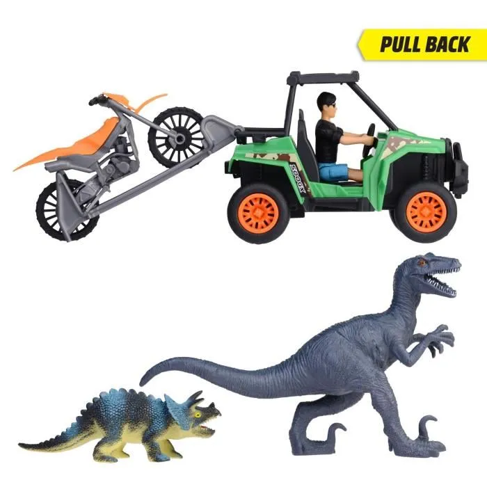 Dickie Toys Coffret Chasseur de Dinosaures - Véhicule Buggy à Friction, Moto Cross, Figurine Articulée et 2 Dinosaures - Figurines et Véhicules Jouets pour Enfants à partir de 3 Ans