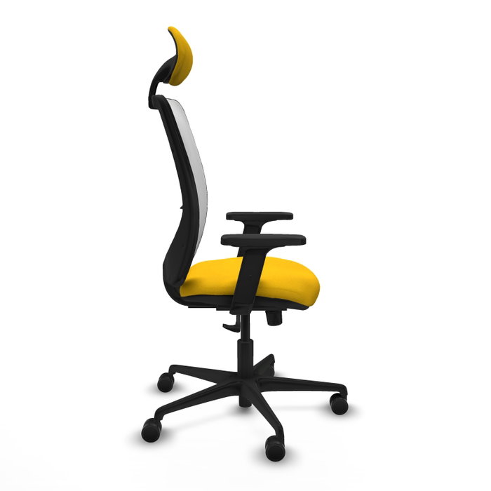 Chaise Zulema Synchro 3 positions tissu Jaune Maille Blanc Base en nylon noir Accoudoir 2D Appui-tête Roulettes 65mm nylon