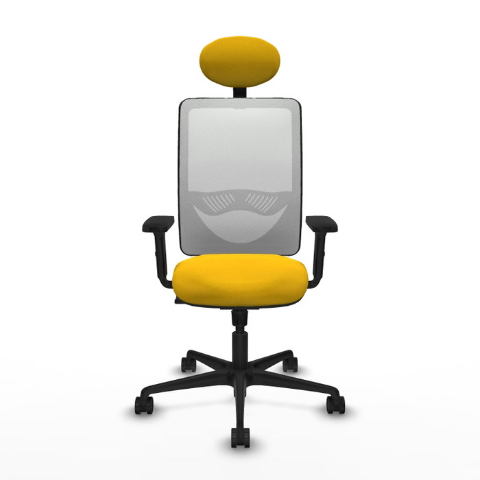 Chaise Zulema Synchro 3 positions tissu Jaune Maille Blanc Base en nylon noir Accoudoir 2D Appui-tête Roulettes 65mm nylon