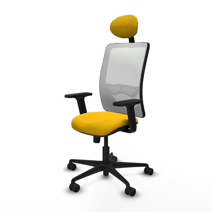 Chaise Zulema Synchro 3 positions tissu Jaune Maille Blanc Base en nylon noir Accoudoir 2D Appui-tête Roulettes 65mm nylon