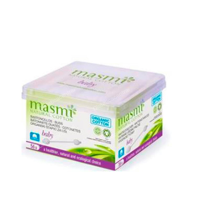 MASMI Bastoncillos pour bébé coton écologique 56 unités - Support papier FSC - Pointe sécurité oreille nez - Certifié GOTS vegan MASMI Bastoncillos pour bébé coton écologique 56 unités - Support papier FSC - Pointe sécurité oreille nez - Certifié GOTS vegan