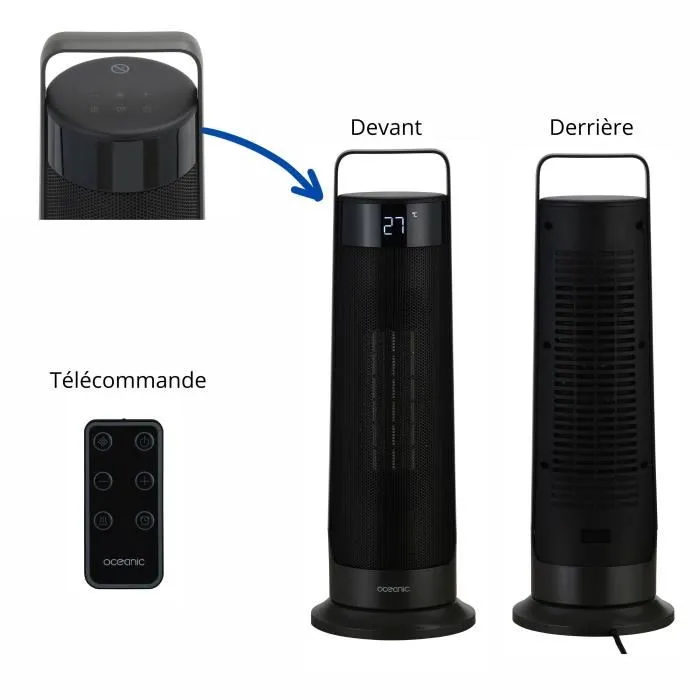 Oceanic Radiateur soufflant céramique oscillant 2000W, télécommande, 3 modes de chauffage, minuterie 12h, noir - Chauffage d'appoint Oceanic Radiateur soufflant céramique oscillant 2000W, télécommande, 3 modes de chauffage, minuterie 12h, noir - Chauffage d'appoint