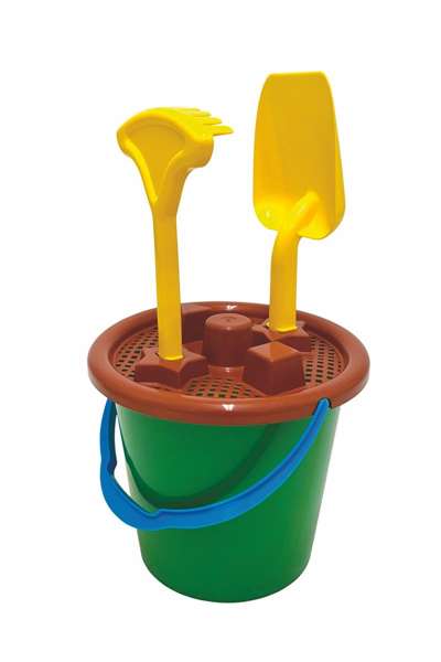 AVC - Cubo de playa surtido en colores avec seau, pelle, râteau et tamis - Modèles assortis pour plage, enfants à partir de 10 mois