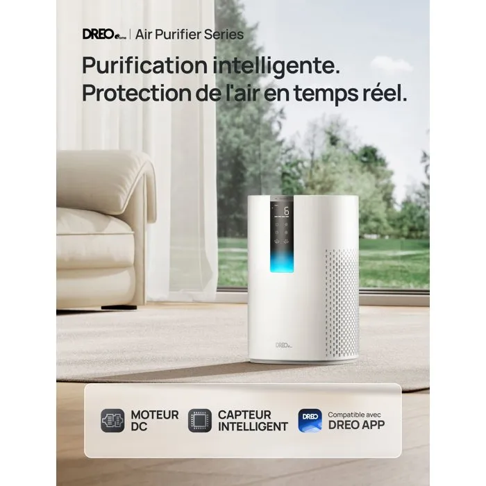 Dreo Macro AP605S Purificateur d'air ioniseur, filtration HEPA 3 étapes, 73 m²/h, ultra-silencieux, minuterie, verrouillage enfant