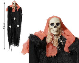 Squelette Suspendu avec Cape Noire et Foulard Rouge 95 cm Décoration Horreur Halloween - Accessoire Épouvantable pour Fête, Passage Secret ou Vitrine