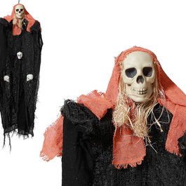 Squelette Suspendu avec Cape Noire et Foulard Rouge 95 cm Décoration Horreur Halloween - Accessoire Épouvantable pour Fête, Passage Secret ou Vitrine