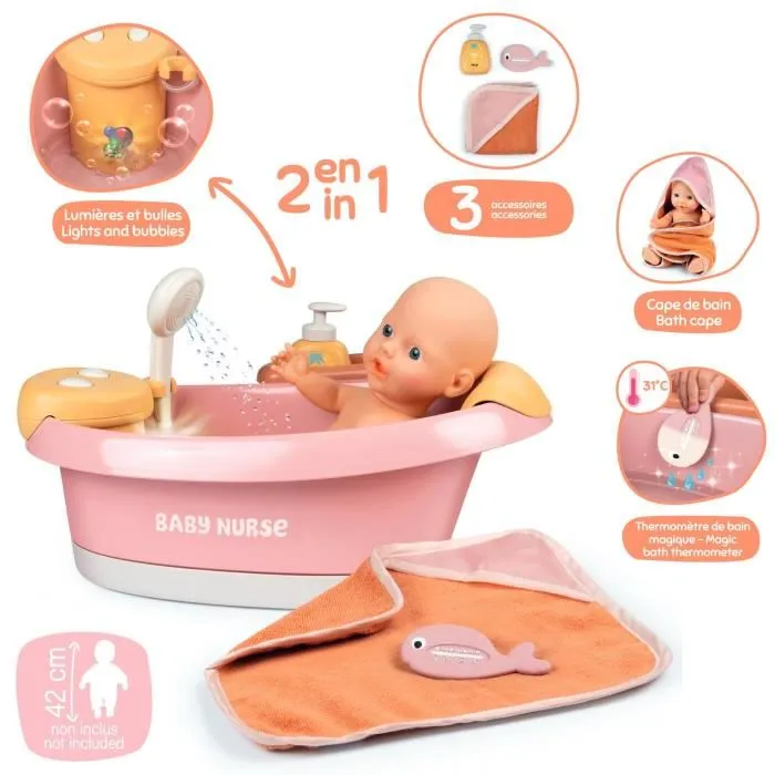 Smoby Baby Nurse Baignoire balnéo pour poupon avec jets d'eau, bulles, lumières LED, douchette et accessoires, pour enfant à partir de 3 ans