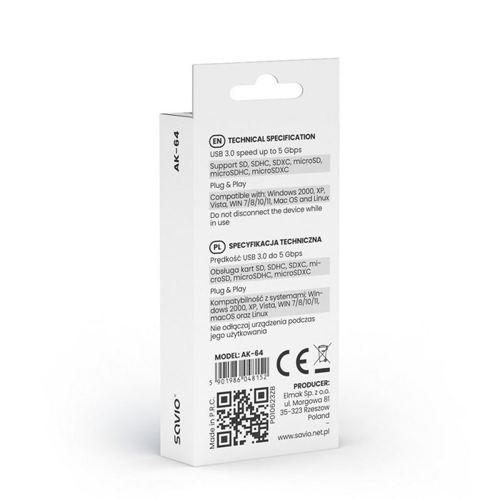 SAVIO AK-64 Lecteur de cartes mémoire USB 3.0, USB A, 5Gbps SAVIO AK-64 Lecteur de cartes mémoire USB 3.0, USB A, 5Gbps