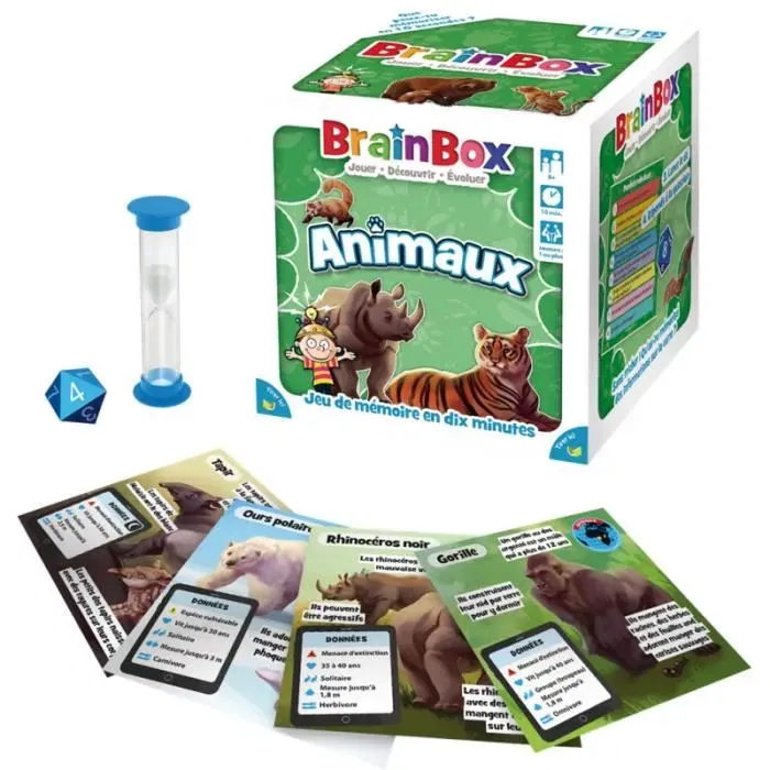 Asmodee BrainBox Jeu de Mémoire et d'Observation Animaux - Jeu de Société Éducatif pour 1 Joueur et Plus - 8 Ans et Plus - 55 Cartes, Sablier, Dé