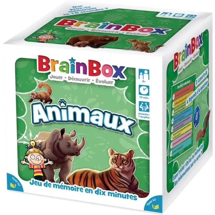 Asmodee BrainBox Jeu de Mémoire et d'Observation Animaux - Jeu de Société Éducatif pour 1 Joueur et Plus - 8 Ans et Plus - 55 Cartes, Sablier, Dé