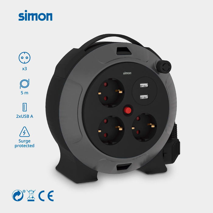 Enrouleur de câbles Simon 19,6 X 9,4 X 18,7 CM 3 x 1,5 mm 5 m