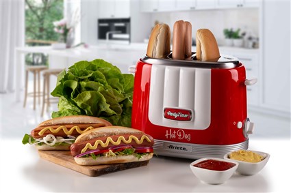 Ariete 206/00 - Machine à Hot-dogs Party Time Rouge - Compacte, rapide, avec chauffage 2 pains et 5 niveaux de cuisson pour salchichas Frankfurt