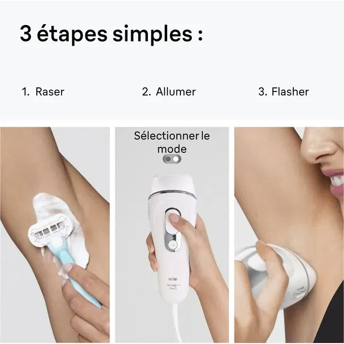 Braun - Épilateur lumière pulsée IPL Silk·expert Pro 3 - Modèle PL3020 - 300 000 flashs - Couleur blanc et argent