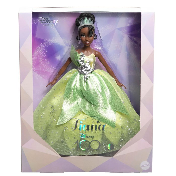 Mattel Muñeca Tiana - Poupée de Collection Disney 100e Anniversaire Hlx61 - Robe Verte Luxueuse avec Satin et Motif de Lys - Boîtier d'Exposition