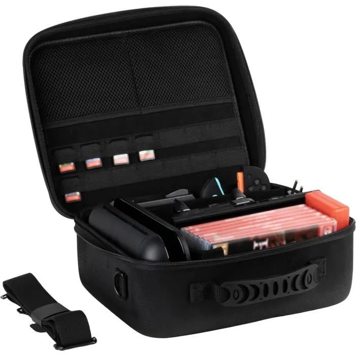 Konix Sacoche de Protection Nintendo Switch 2, Coque Rigide avec 14 Emplacements pour Cartouches de Jeu, 2 Filets de Rangement et Bandeoulière, Noir
