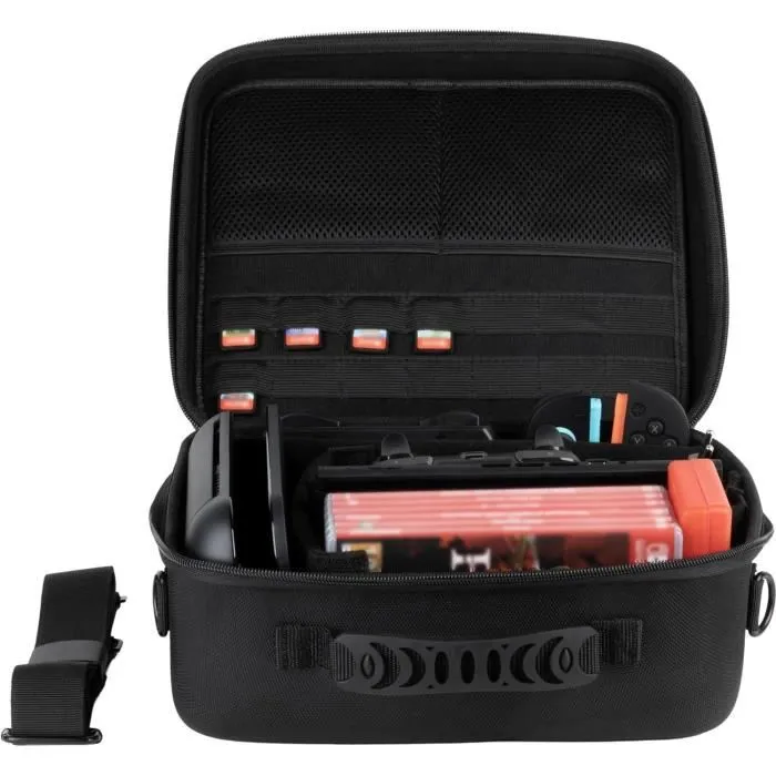 Konix Sacoche de Protection Nintendo Switch 2, Coque Rigide avec 14 Emplacements pour Cartouches de Jeu, 2 Filets de Rangement et Bandeoulière, Noir