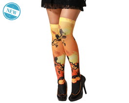 Collants hauts lila avec lune et chauves-souris pour Halloween