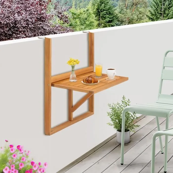 No Name LILOU Table de balcon suspendue pliable en bois d'acacia FSC 64 x 43 x 80 cm