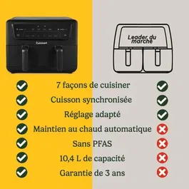 Cuisinart Airfryer AFD10OBLE - Friteuse sans huile 10.4L, double cuve, Noir, 2400W, cuisson Air Advantage, 6 modes, maintien au chaud