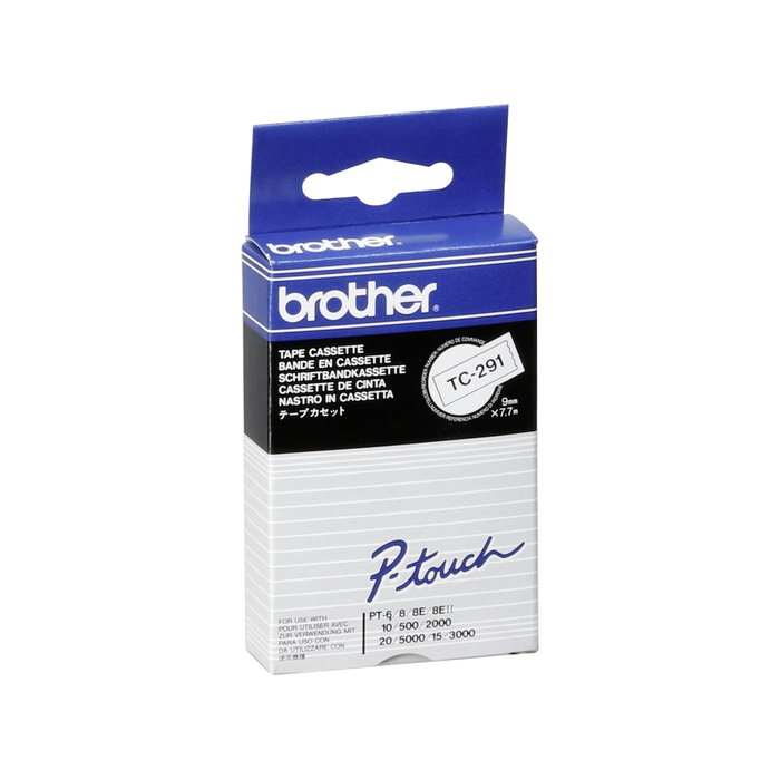Brother TC-291 Ruban d'étiquetage laminé 9mm Noir/Blanc, 7,7m Brother TC-291 Ruban d'étiquetage laminé 9mm Noir/Blanc, 7,7m