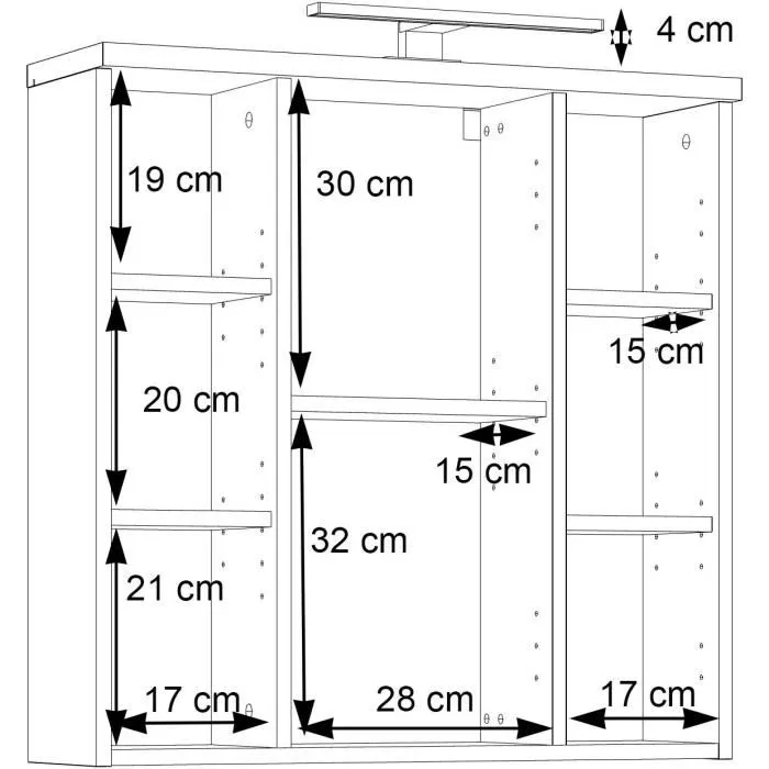 Forte - Armoire de salle de bain avec miroir LED - Éclairage intégré, 6 niches et tablette - Suspension - Décor chêne - Dimensions : 68.6 x 20 x 68 cm