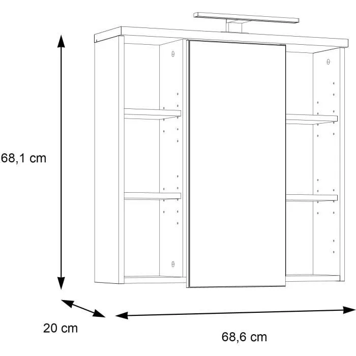 Forte - Armoire de salle de bain avec miroir LED - Éclairage intégré, 6 niches et tablette - Suspension - Décor chêne - Dimensions : 68.6 x 20 x 68 cm