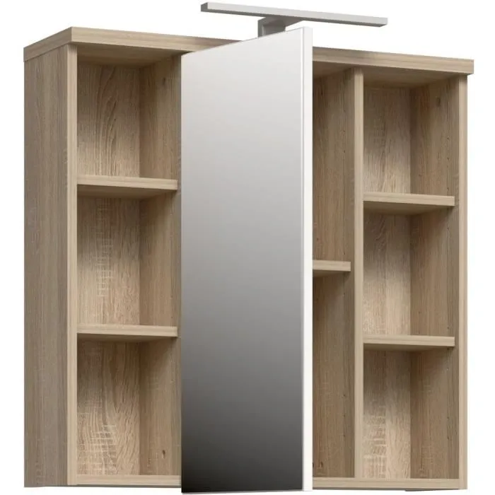 Forte - Armoire de salle de bain avec miroir LED - Éclairage intégré, 6 niches et tablette - Suspension - Décor chêne - Dimensions : 68.6 x 20 x 68 cm