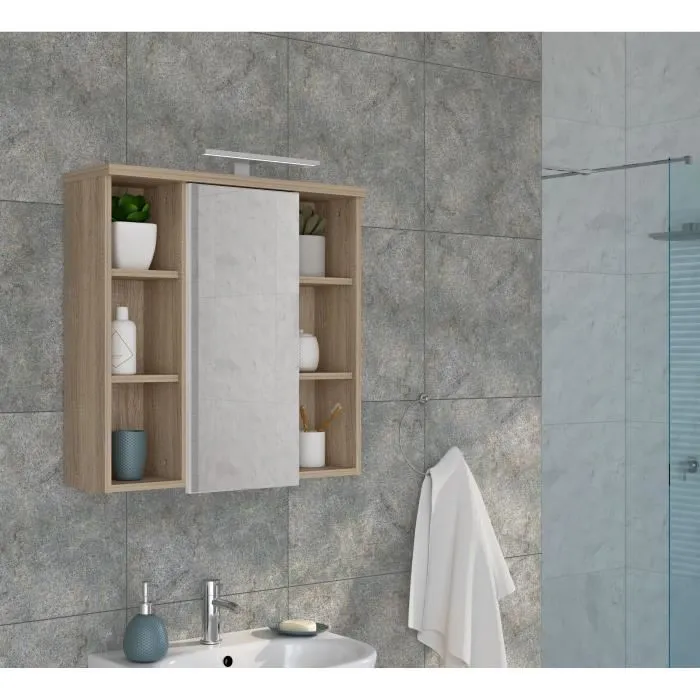 Forte - Armoire de salle de bain avec miroir LED - Éclairage intégré, 6 niches et tablette - Suspension - Décor chêne - Dimensions : 68.6 x 20 x 68 cm