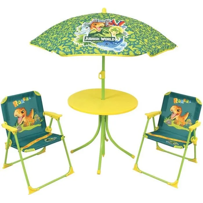 Fun House Salon de jardin enfant Jurassic World - Table, chaise et parasol - Thème dinosaures Fun House Salon de jardin enfant Jurassic World - Table, chaise et parasol - Thème dinosaures