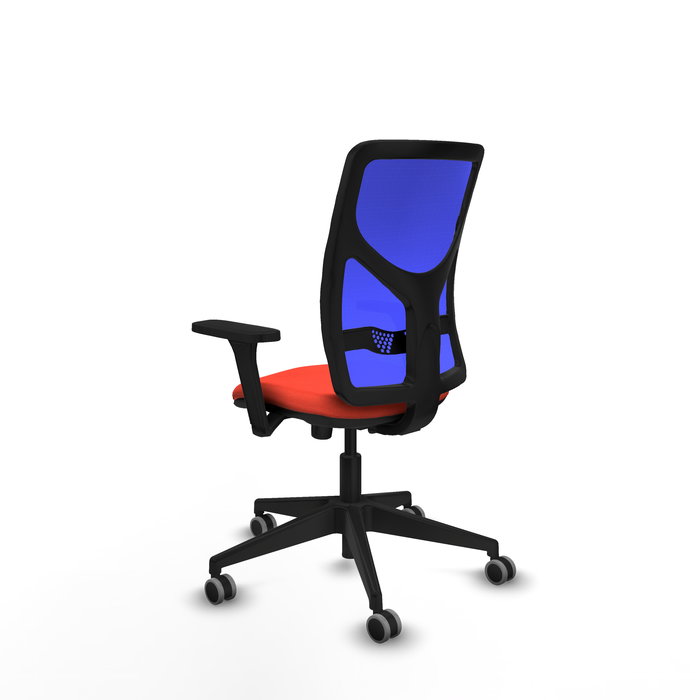 Chaise Motilla Synchro 3 positions tissu Orange foncé Maille Bleu Base pyramidale noire Accoudoir 3D Sans appui-tête Roulettes 65mm pour moquette