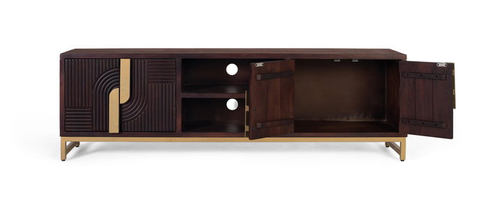 GINER Y COLOMER Buffet TV en bois de manguier massif couleur noyer avec base métallique dorée - Design art déco, portes et étagères