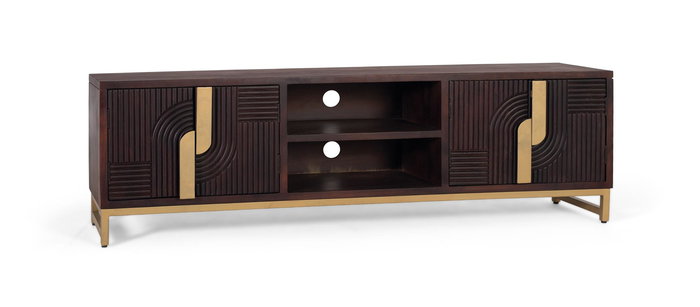 GINER Y COLOMER Buffet TV en bois de manguier massif couleur noyer avec base métallique dorée - Design art déco, portes et étagères