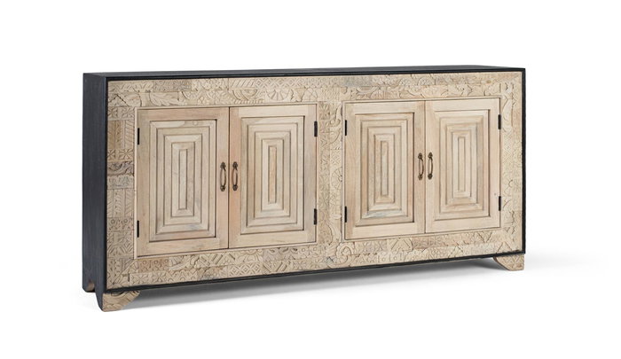 GINER Y COLOMER Aparador en Mango 195 cm, 4 Portes Sculptées à la Main, Buffet en Bois Massif, Finition Naturelle et Noir avec Poignées Bronze