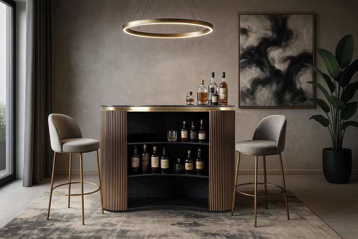 GINER Y COLOMER Aparador en Mango 195 cm, 4 Portes Sculptées à la Main, Buffet en Bois Massif, Finition Naturelle et Noir avec Poignées Bronze