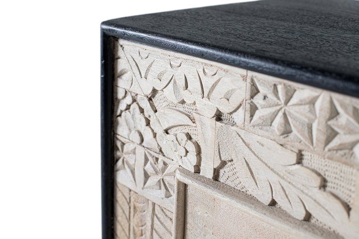 GINER Y COLOMER Aparador en Mango 195 cm, 4 Portes Sculptées à la Main, Buffet en Bois Massif, Finition Naturelle et Noir avec Poignées Bronze