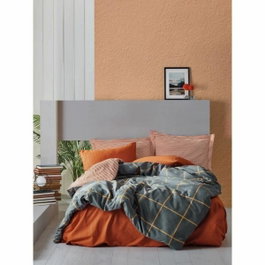 Parure de lit en coton renforcé Cannelle et bleu foncé, 220 x 240 cm