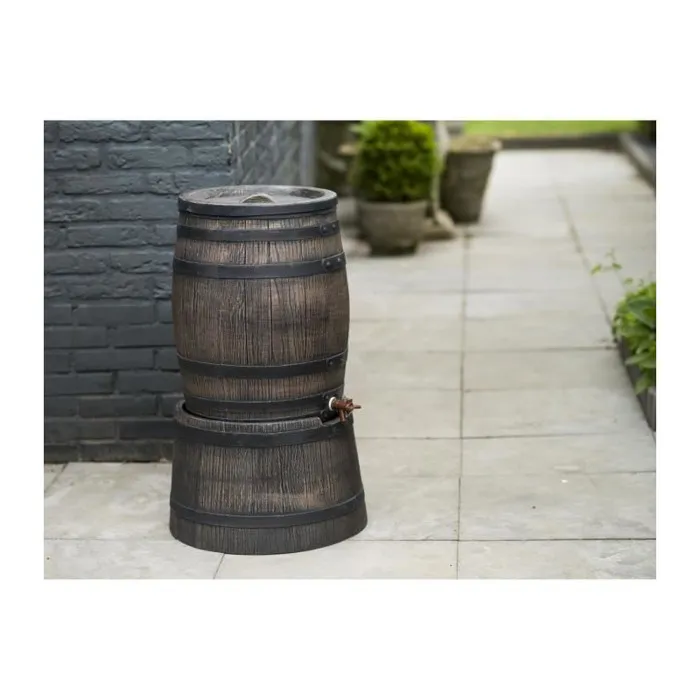 Nature - Récupérateur d'eau de pluie design baril bois - 120 litres - Dimensions 50.5x66 cm - Marron - Polyéthylène anti-UV avec robinet