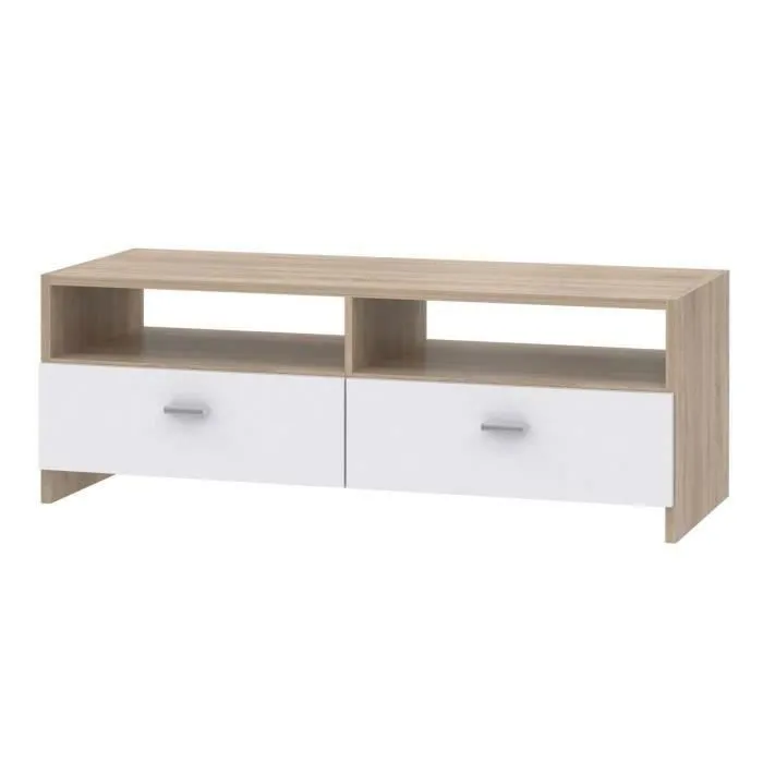 PILVI Meuble TV contemporain blanc mat et chêne avec 2 abattants et 2 niches - L 95 x P 36 x H 34.5 cm