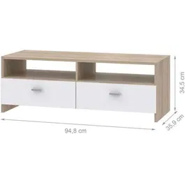 PILVI Meuble TV contemporain blanc mat et chêne avec 2 abattants et 2 niches - L 95 x P 36 x H 34.5 cm