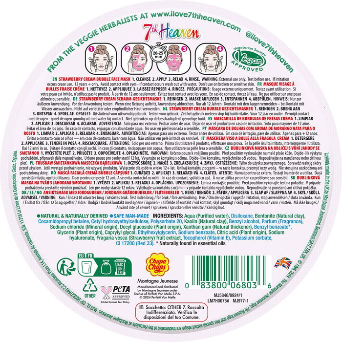 7Th Heaven - Masque Bulle Crème à la Fraise Chupa Chups - Soin Purifiant et Hydratant à l'Acide Hyaluronique - 8 ml