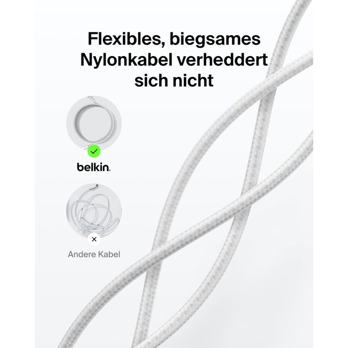 Belkin Câble USB-C vers USB-C BoostCharge Pro 240W tressé, 2m, blanc Belkin Câble USB-C vers USB-C BoostCharge Pro 240W tressé, 2m, blanc