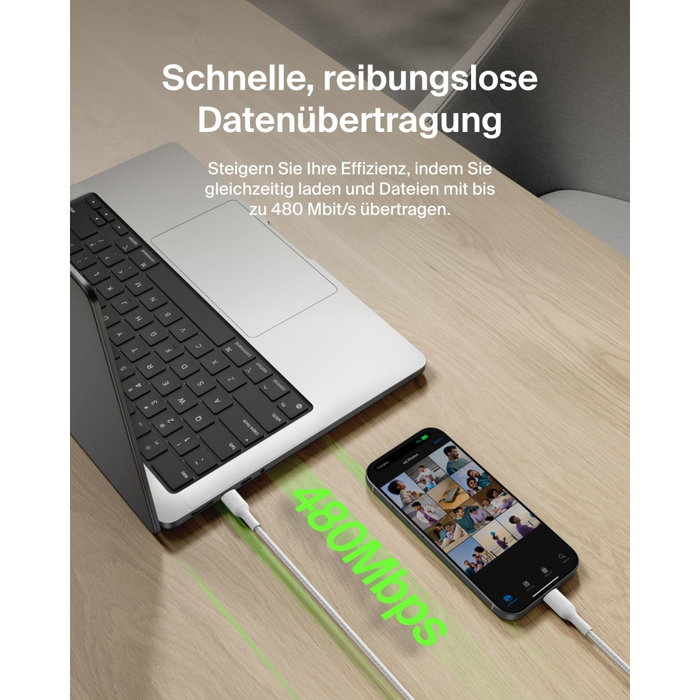 Belkin Câble USB-C vers USB-C BoostCharge Pro 240W tressé, 2m, blanc Belkin Câble USB-C vers USB-C BoostCharge Pro 240W tressé, 2m, blanc